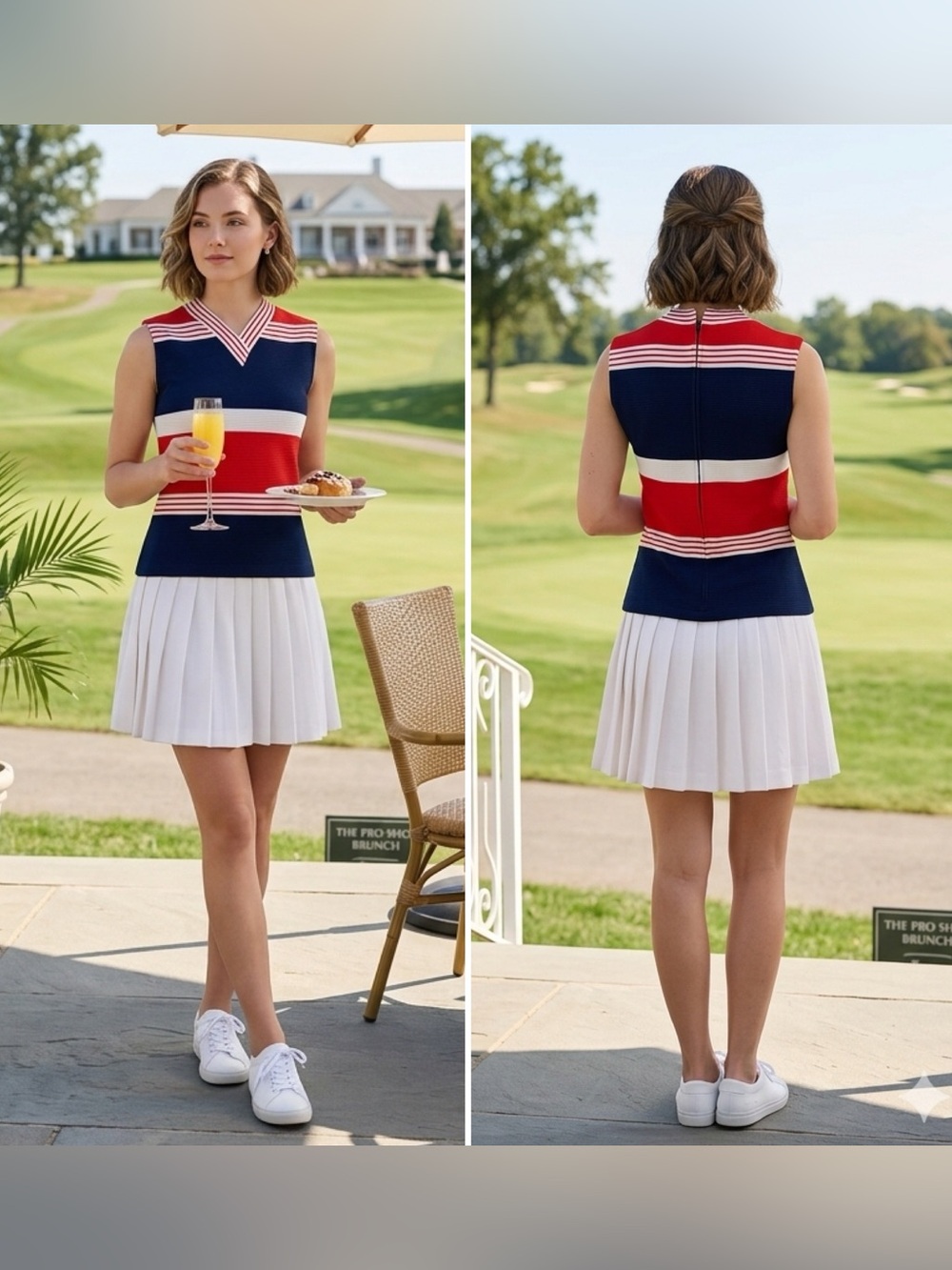 Vintage Leslie Fay Women’s XS/S Pleated Red White Blue Twofer Tennis Dress 80s